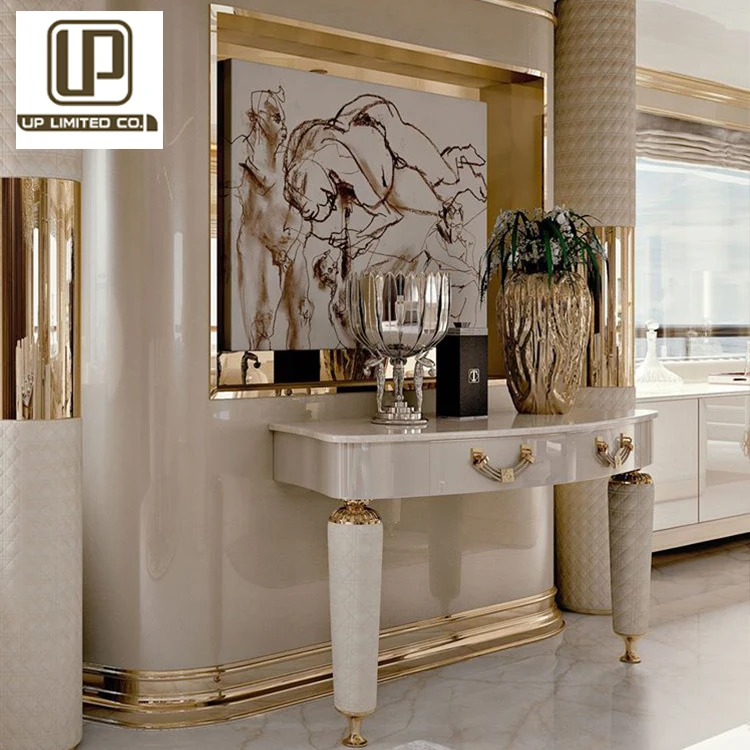 2022 Branded Living Room Design Golden Stainless steel Console Table Real Leather Cover Wall  Console Table