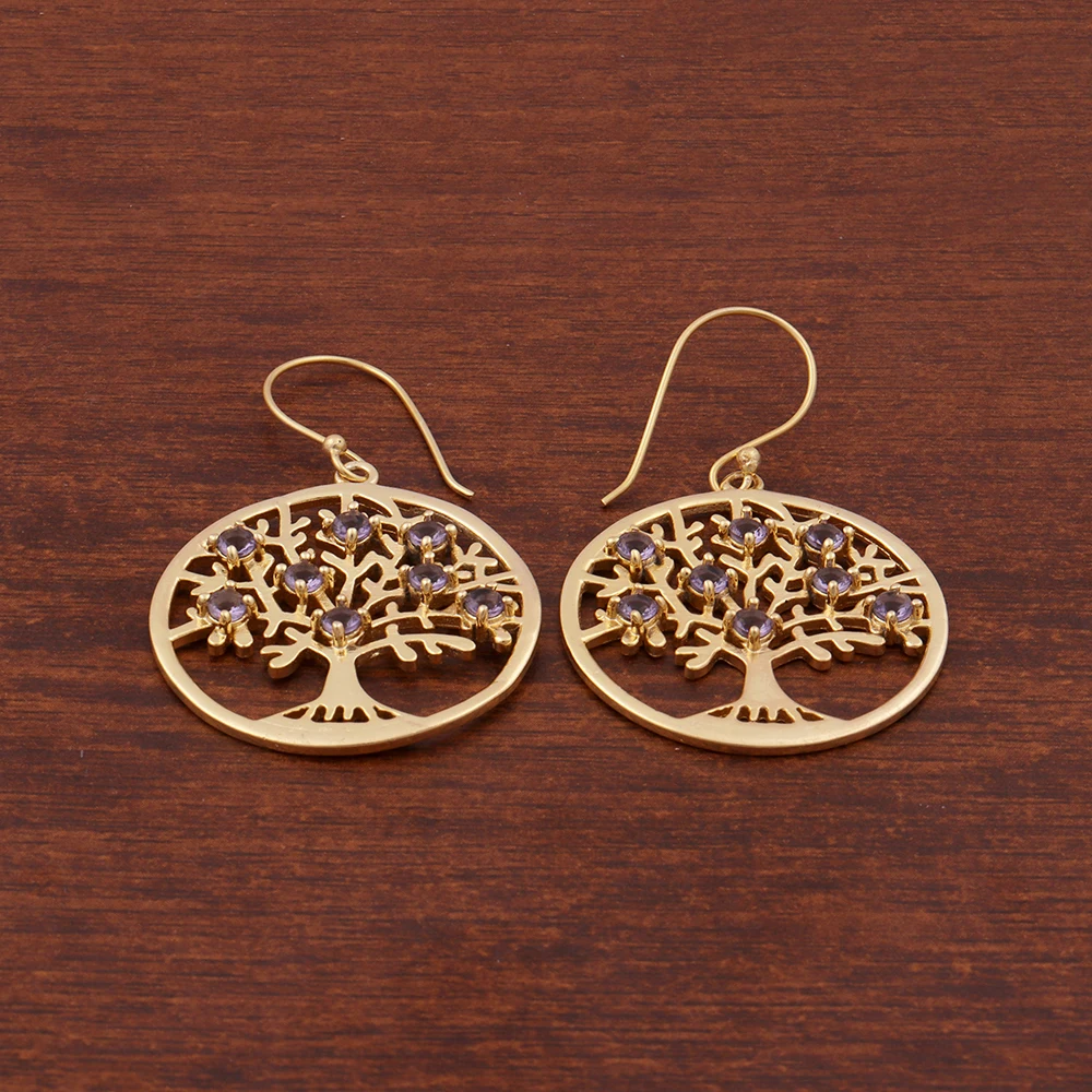 Mode Joyas, Gold Plated Purple Amethyst Gemstone Hook Earring Brass Metal Tree Design Beads Stone Earrings Jewellery. E-627
