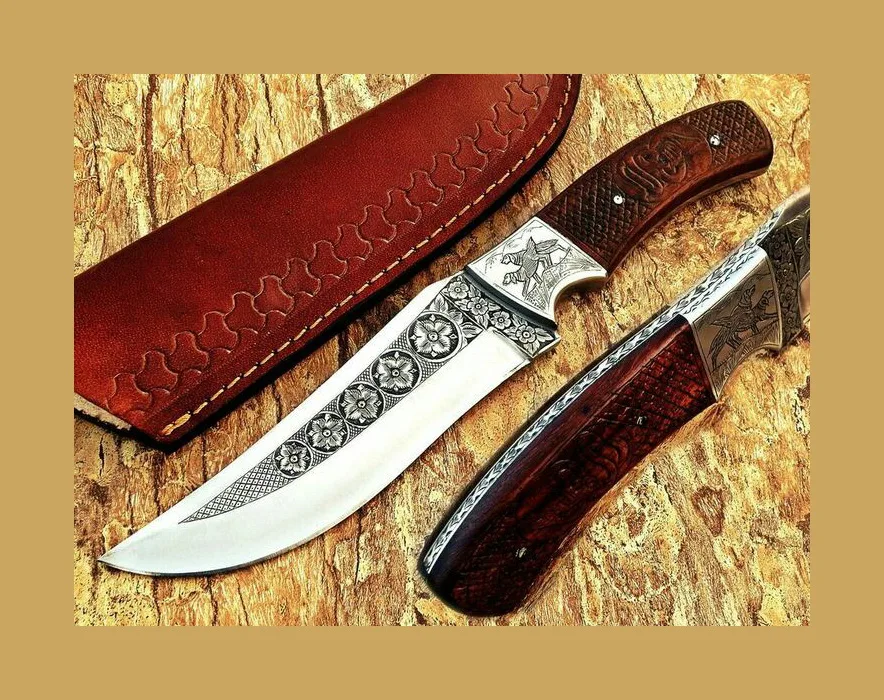 Настраиваемый охотничий нож из нержавеющей стали с ручной гравировкой D2 лезвие цветочными узорами деревянная ручка для промышленного использования
