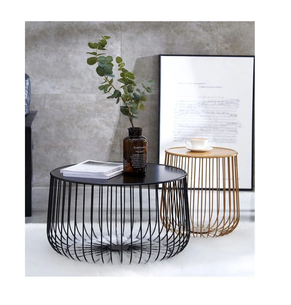 Modern Metal Wire Table Set of 2 for Living Room Balcony Office Round Top Accent Side Coffee Tables Furniture