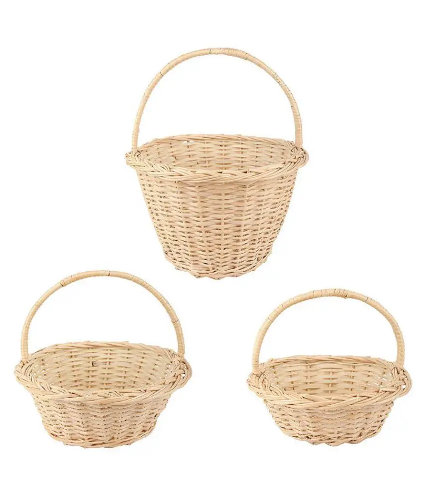 Eco Friendly High Quality White Back Round Hanging Handle Wholesale Manufacture Vietnam Holiday Wicker Rattan Flower Basket