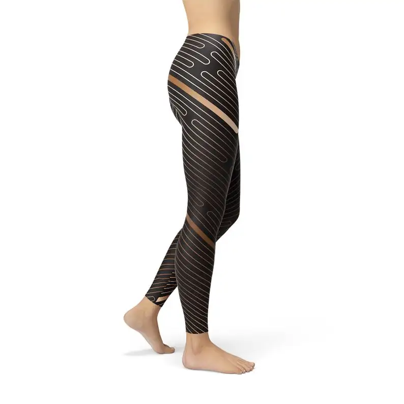 
OEM Brown Leggings For Women - Striped Pattern Art Deco Style Print Workout Leggings 