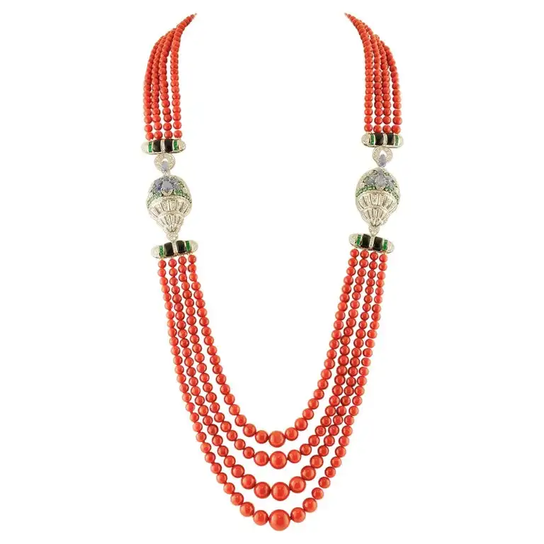
Necklace Diamonds, Emeralds, Sapphires, Italian Coral, Onyx, 14 Karat White Gold 