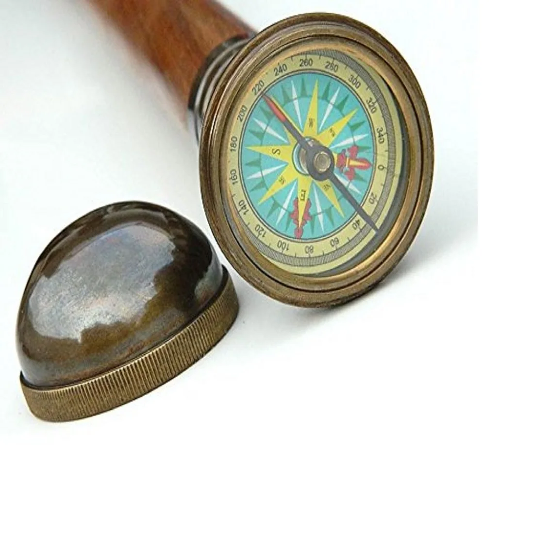 Handmade Antiqued Brass Compass Walking Stick Wood Cane Antiqued brass solid hardwood construction Fully functional compass