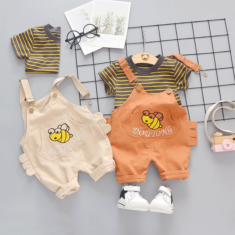 Girl summer suspenders pants small bee pattern + stripe T-shirt set kids girl summer kids clothing wholesale