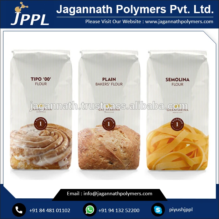Custom Printed Rotogravure Printing 2 Layer Laminated Milky White Colour High Strength Upto 10 Kg Flour Pouches