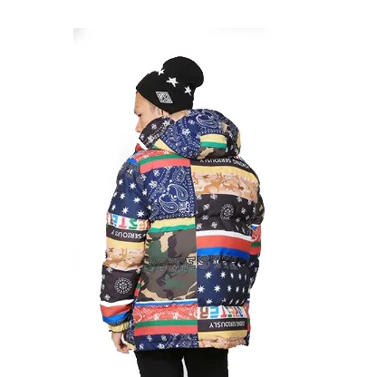 Men custom outdoor fashion splice warm premium puffer down padded winter jacket 2021 with hood spurn cotton