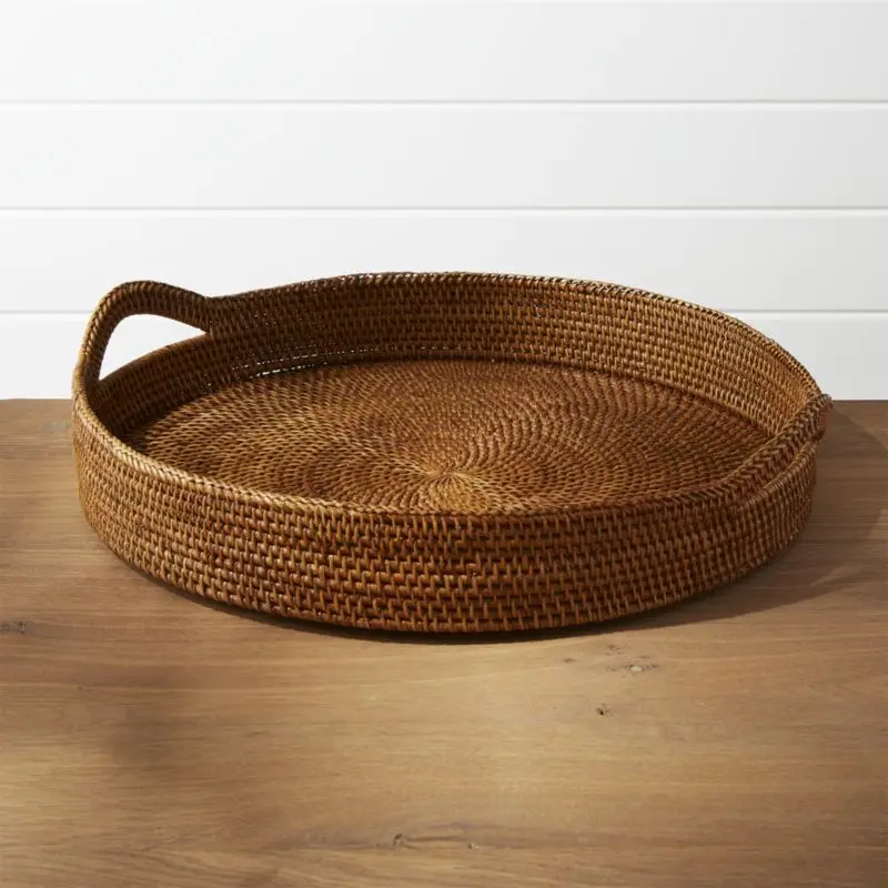 Luxury brown rattan tray with handles handwoven rattan round tray vintage rattan breakfast tray