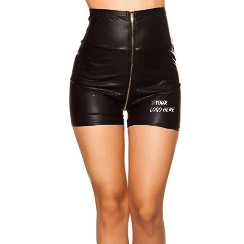 Шорты женские из экокожи с завышенной талией пикантные Клубные на молнии красные черные осень-зиму