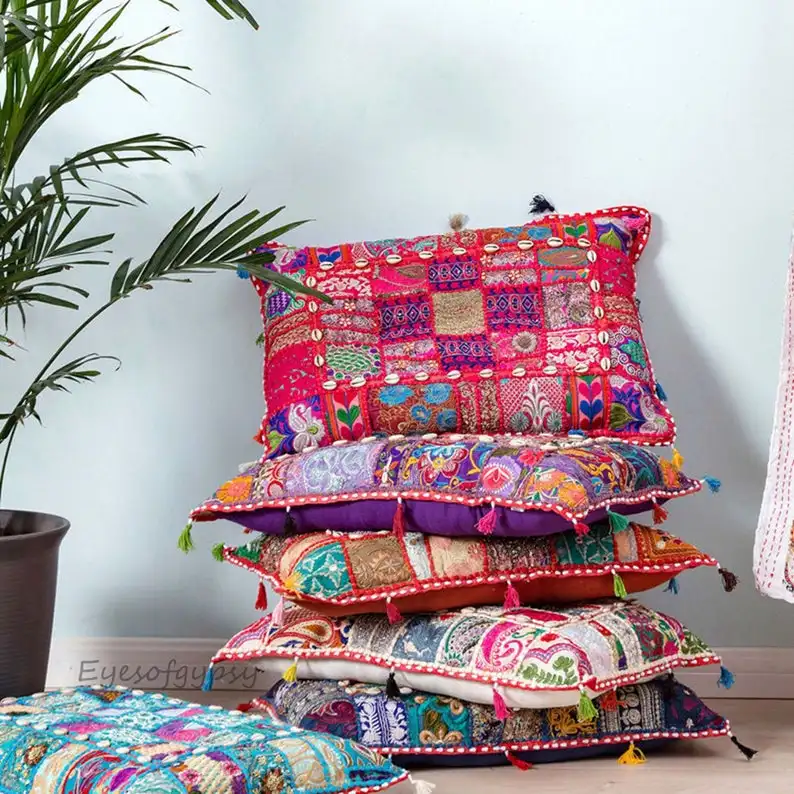 Handmade Embroidered Pillow Cover Decorative Patchwork Sofa Pillow Cover Bedding Cushion Cover Beads Work Pillow Case