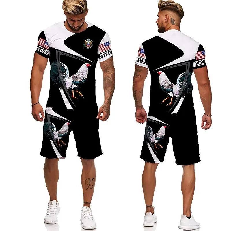 Men Tracksuit 2 Piece Set For Summer Short Sleeve Male Cool Chicken Cock 3D Print T-shirts And Shorts Casual Men Suit