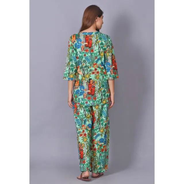 100%Cotton Floral Printed Night Wear Dress Hand Block Printed Indian Woman All Size Pajama Robe Set