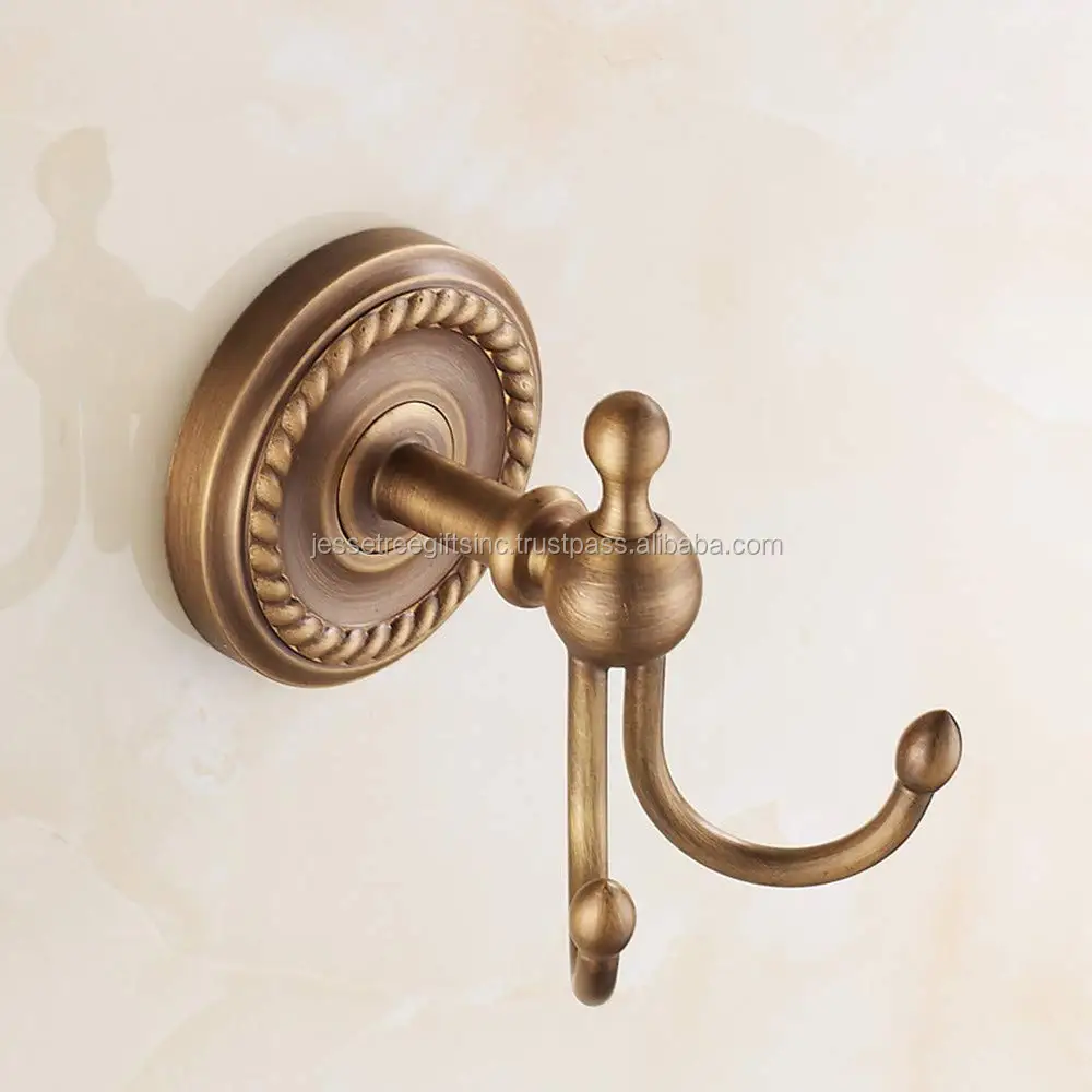  Robe Hook Antique Brass Double Towel - Vintage Style Coat & Clothes Hanger With Braiding Carving For Bedroom