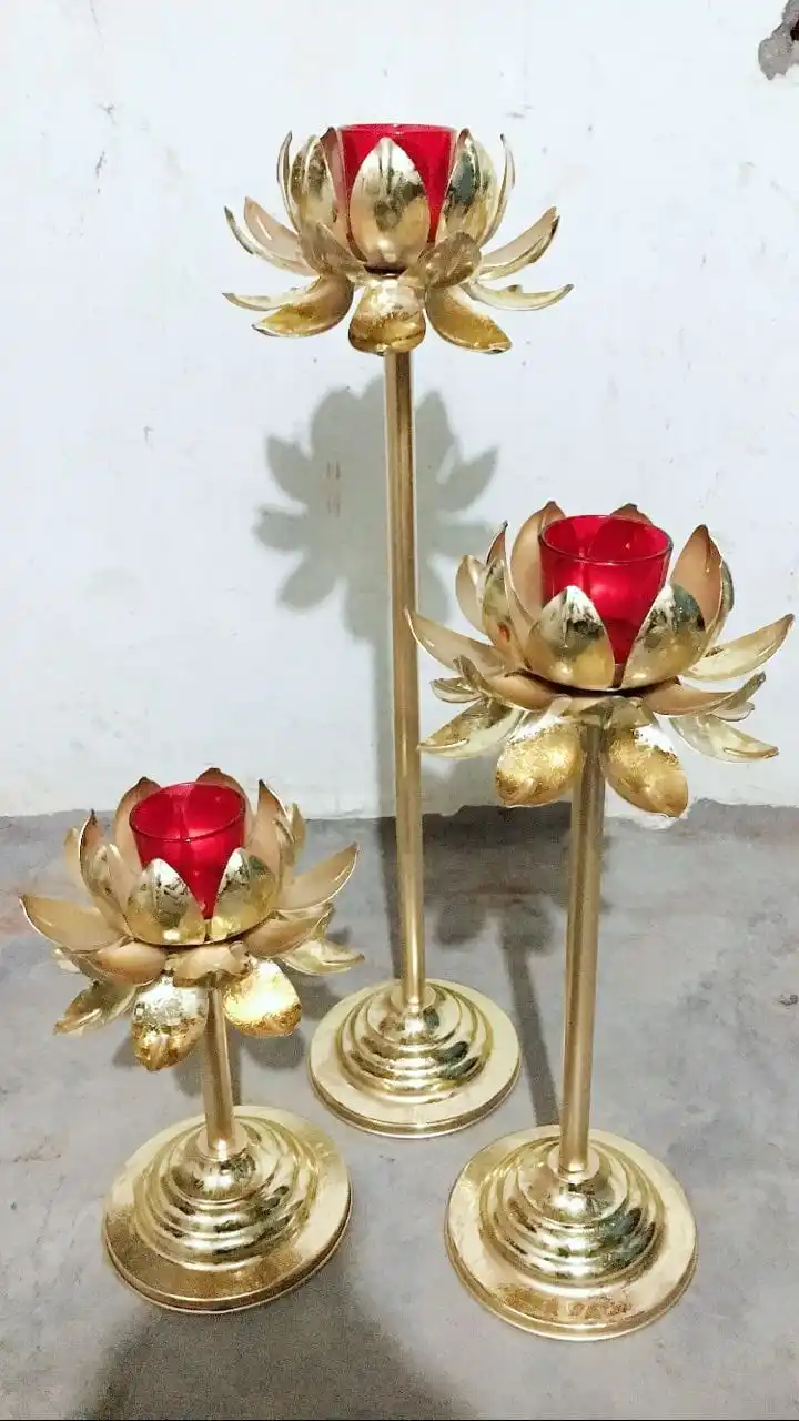 Iron Metal lamp  with red glass t light an gold platting lotus design  decorative piece giftable item also for Diwali decoration