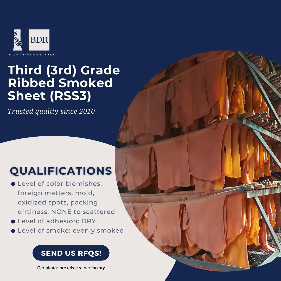 Ribbed Smoked Sheet - RSS3 Raw Rubber Material packaged every 33.33kg per bale ready to be shipped and fast delivery
