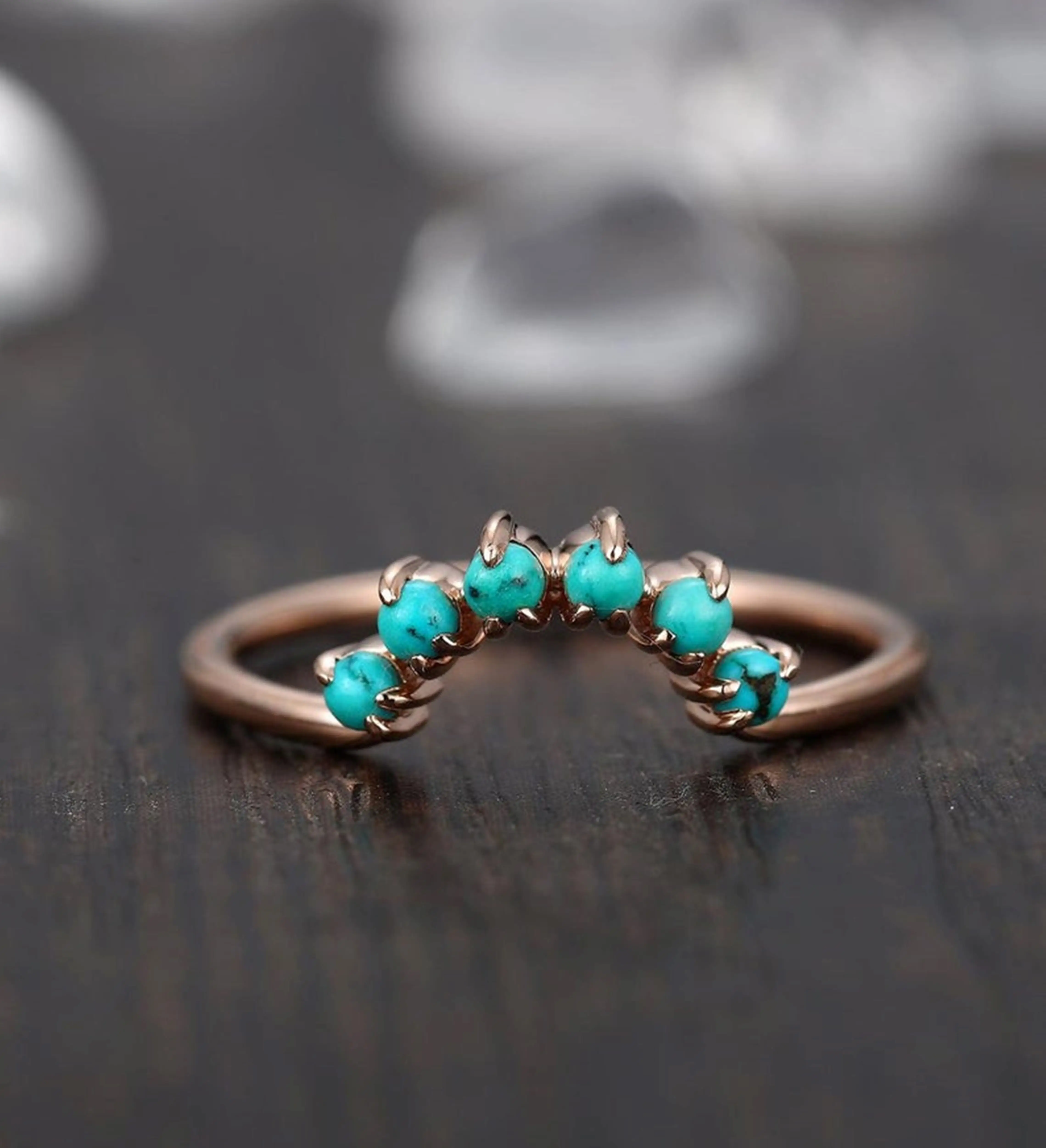 Бирюзовое обручальное кольцо 14 к, розовое золото, изогнутое бирюзовое кольцо, бирюзовое половинное кольцо, изящное кольцо в стиле арт-деко