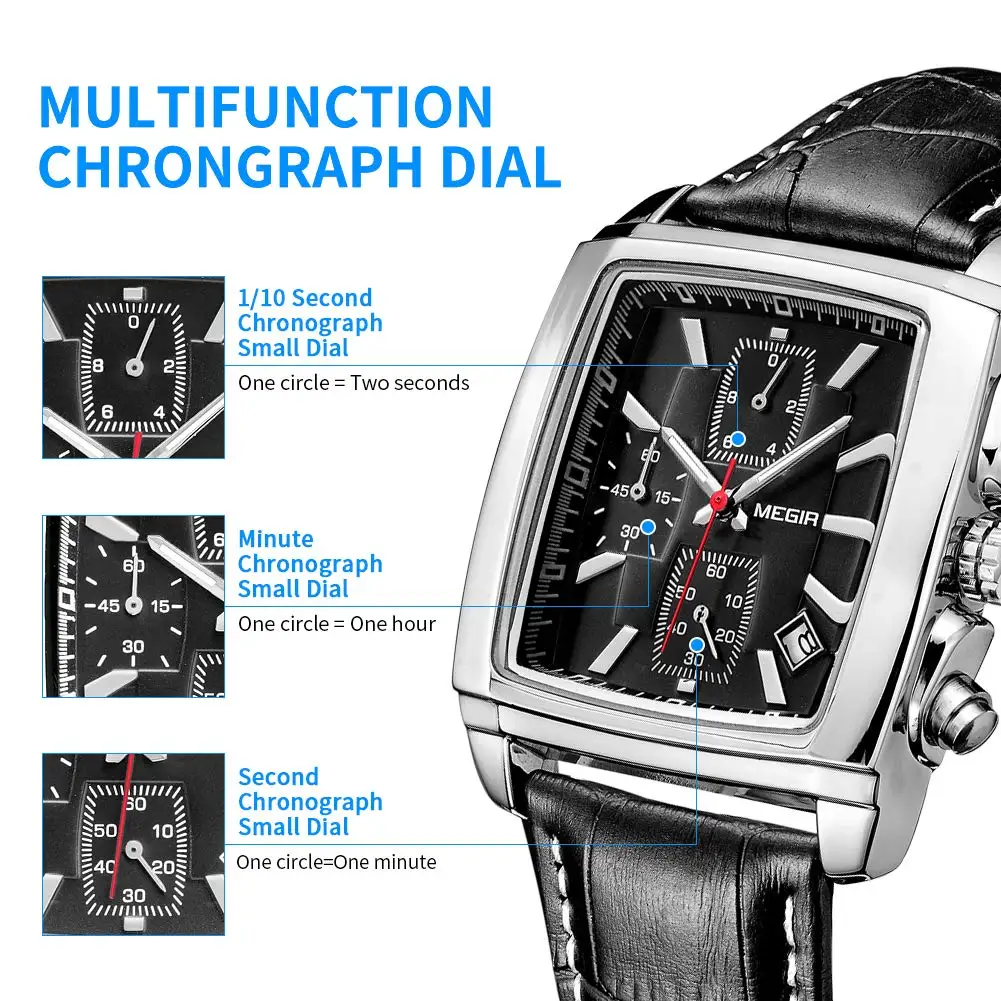 MEGIR 2028 Leather Blue Watch Men Top Brand Luxury Chronograph Quartz Watches for Man Waterproof Luminous Reloj Hombre