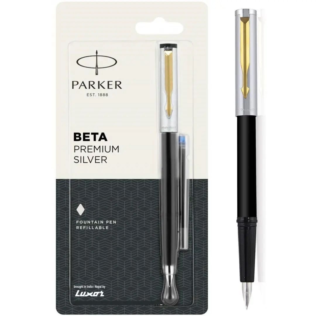 Перьевые ручки parker beta premium, перьевая ручка с серебристой и золотой отделкой и бесплатным чернильным картриджем, перьевые ручки parker