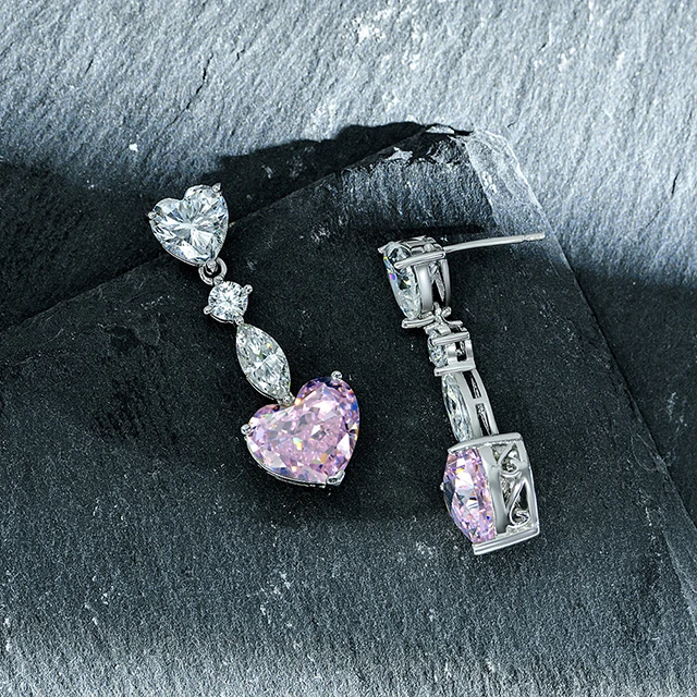 Pink Heart Earrings 925 Sterling Silver Ladies Heart Diamond Earrings