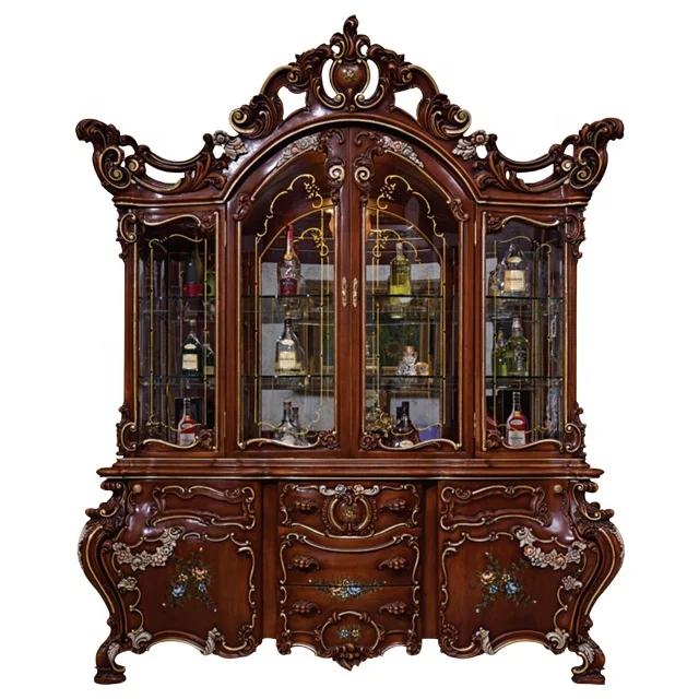 Carved Wooden Luxury Living Room Furniture Antique Glass Door Cabinet