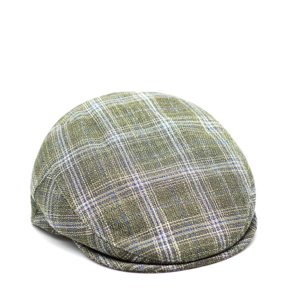Wool and Silk Fabric County Hat Green Check with Blue and White Pattern Casual Ivy Hats for Male