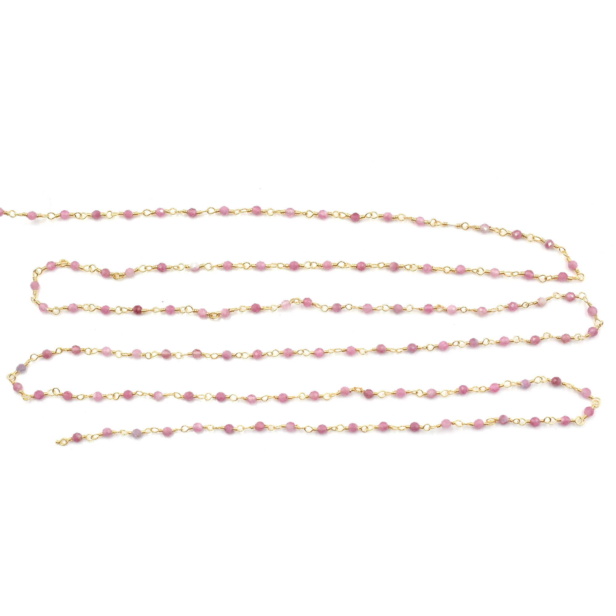 Pink Sapphire Faceted Rondelle Shape Brass Gold Plated Rosary Wire Wrapped Chain Sold by Foot