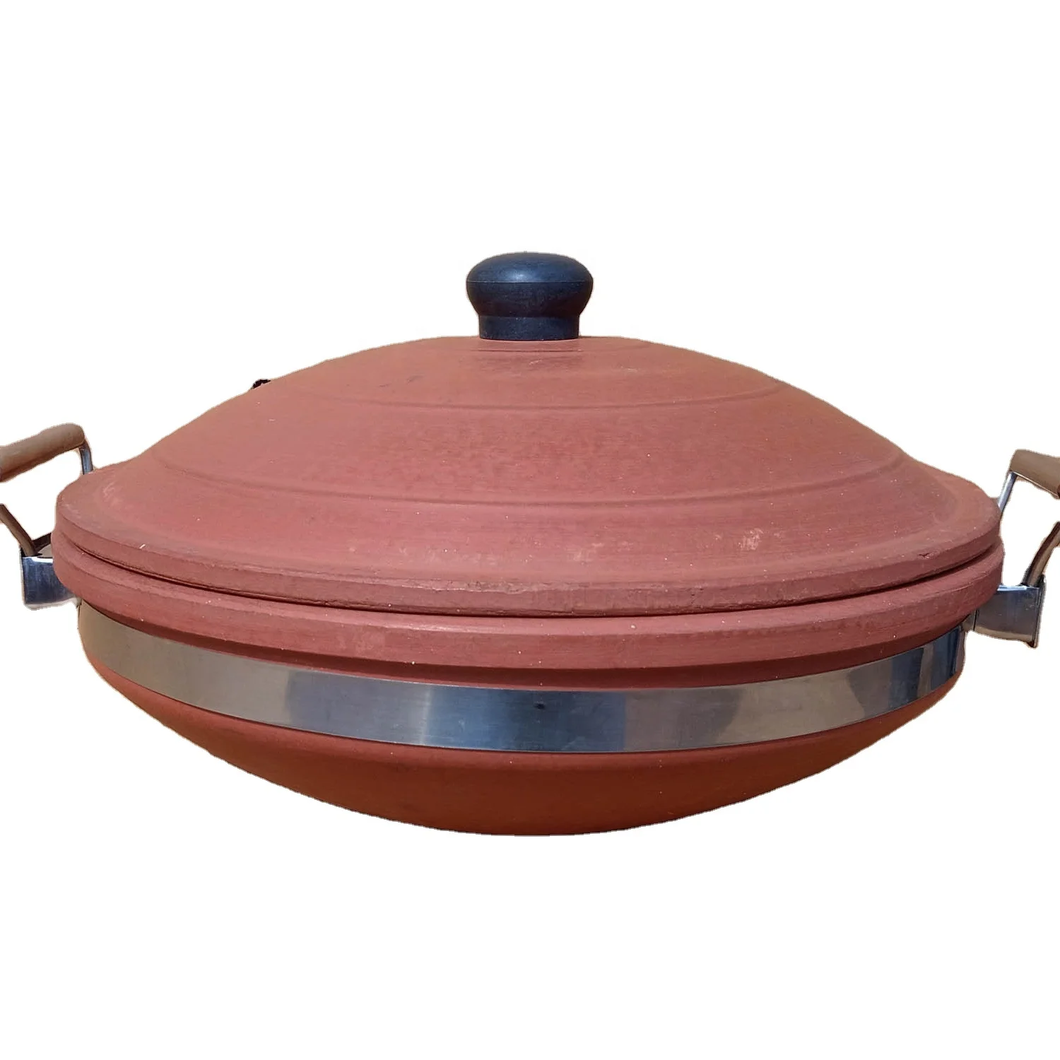 Handmade and Natural clay terracotta cooking wares pan with steel handle used for cooking and frying