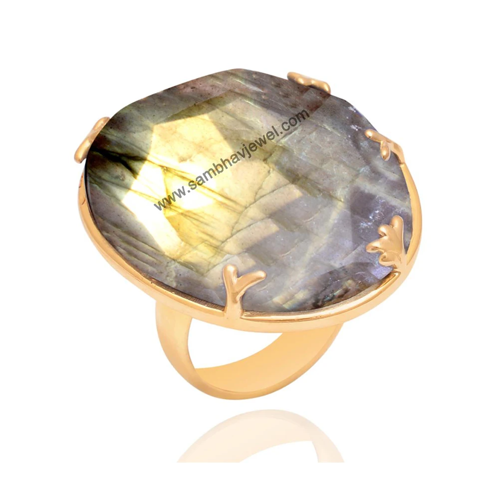 Beat Selling New Design Blue Flash Labradorite Stone Bezel 14k Gold Plated 925 Sterling Silver Handmade Vintage Ring For Women