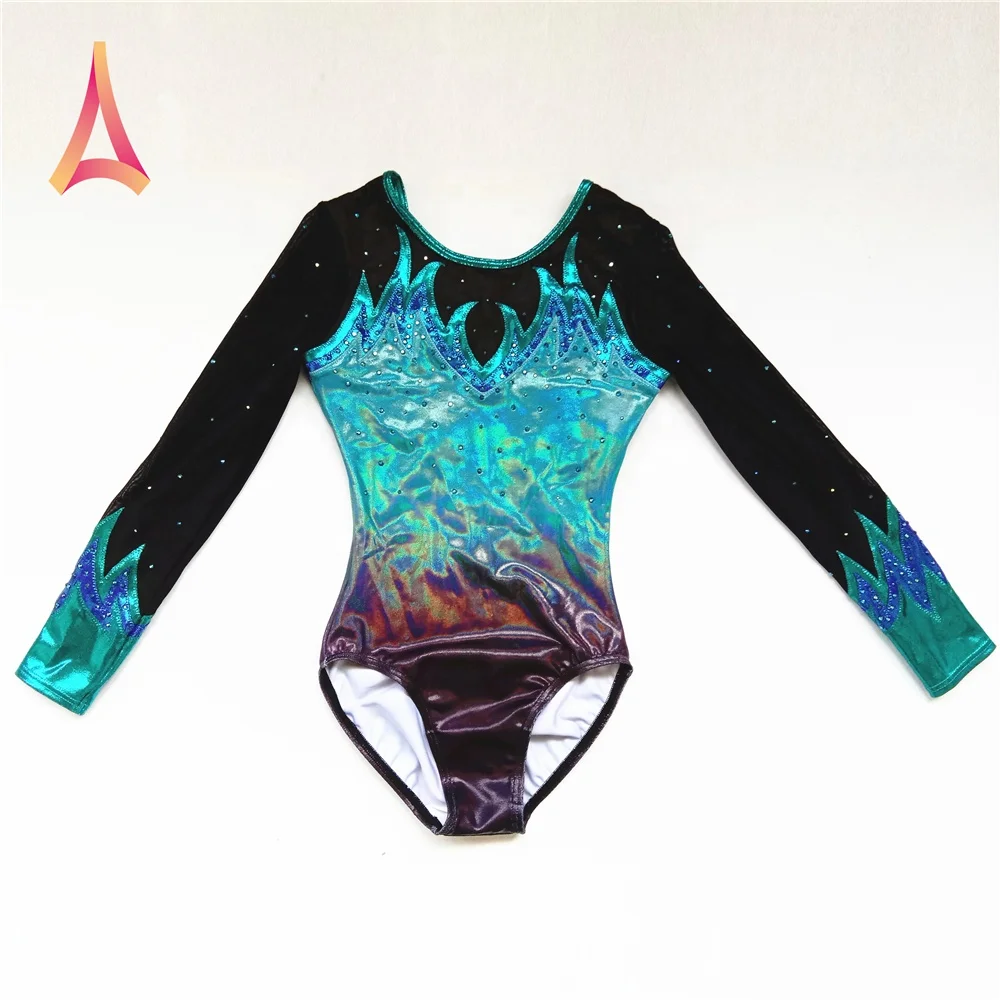 Green Black Ombre Shiny Leotard Long Sleeve Gymnastics Leotards