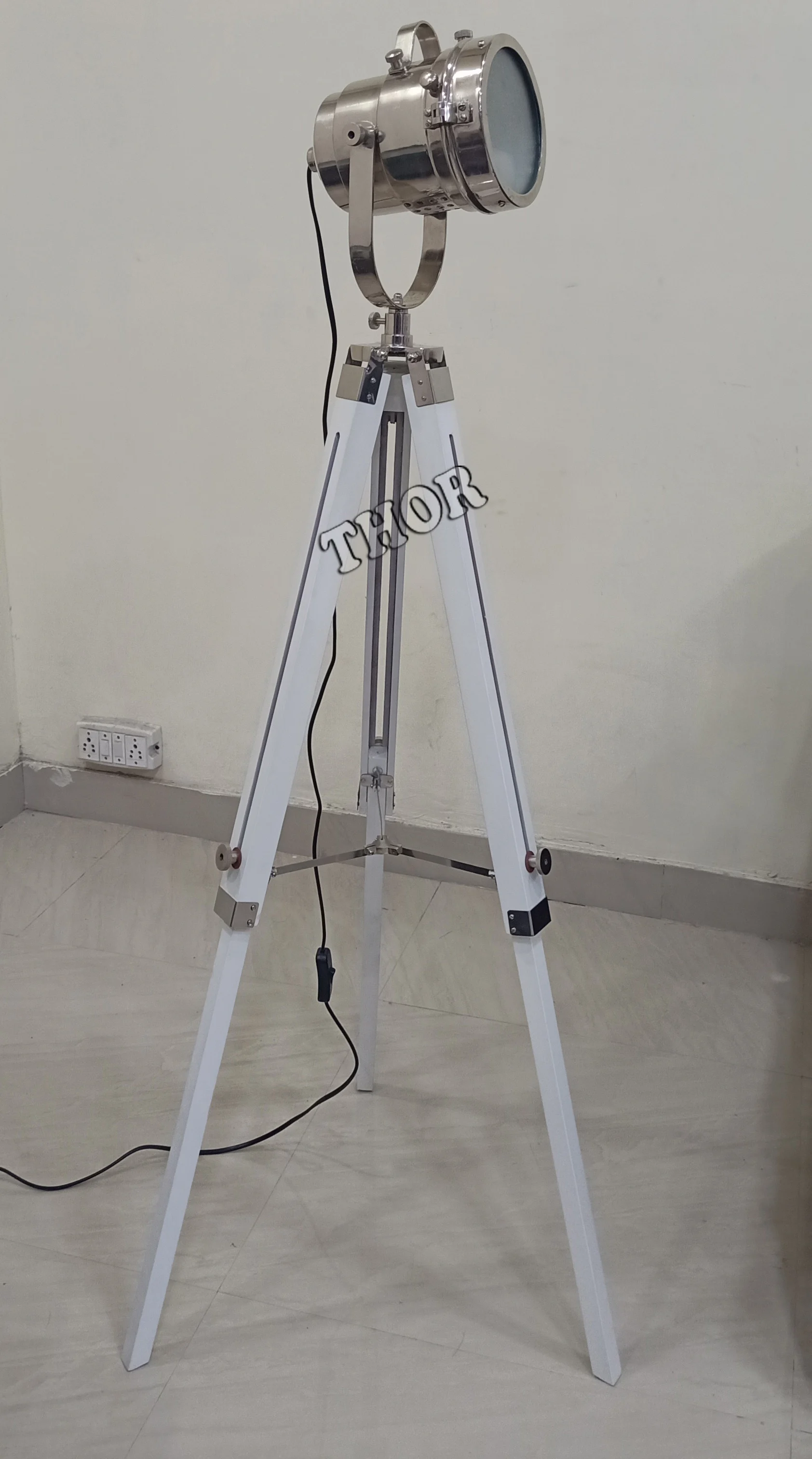 Floor Lamp ~ Nickel Plated Floor Spotlight with White Wooden Tripod Stand ~ Collectible Indoor Decor Light Floor Lamp