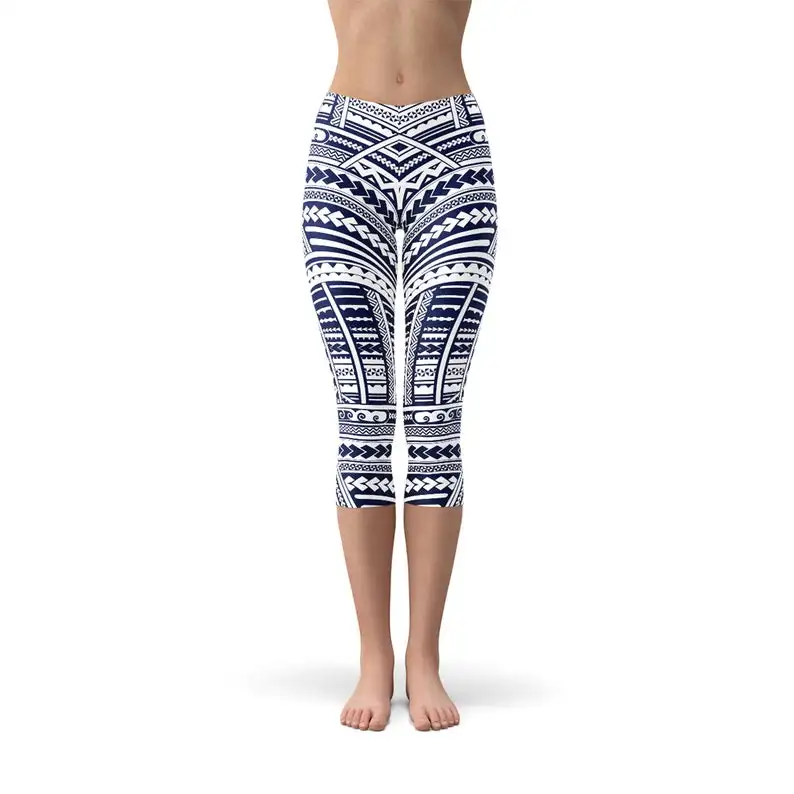 
HOT SELLING Maori Tattoo Capri Leggings - White Capris with Tribal Polynesian Tattoo Print Perfect For Running Tights 