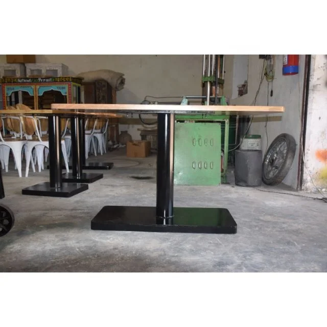 Antique-Style Industrial Restaurant Dining Table with Steel and Oak Wood Base for Hotels Office Jodhpur Home Kitchen Furniture