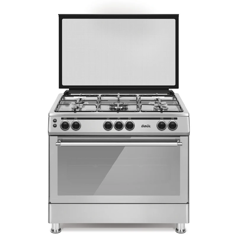 90 x 60 Avangard 5 Gas Burner Enameled Iron Grids 304 Quality Inox Top Table Gray Body Mirrored Glass Door Free Standing Oven