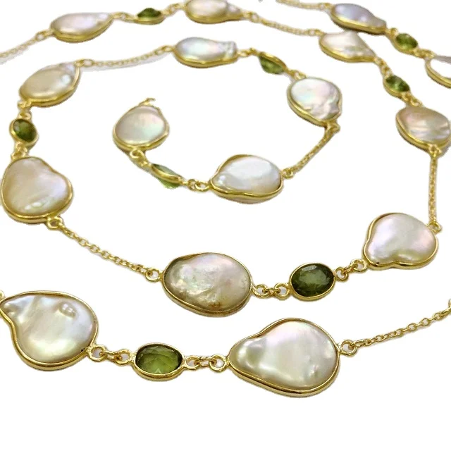 Everyday Wear 925 Sterling Silver Gold Plated Peridot and Baroque Pearl  90 cms.  Long Chain Necklace