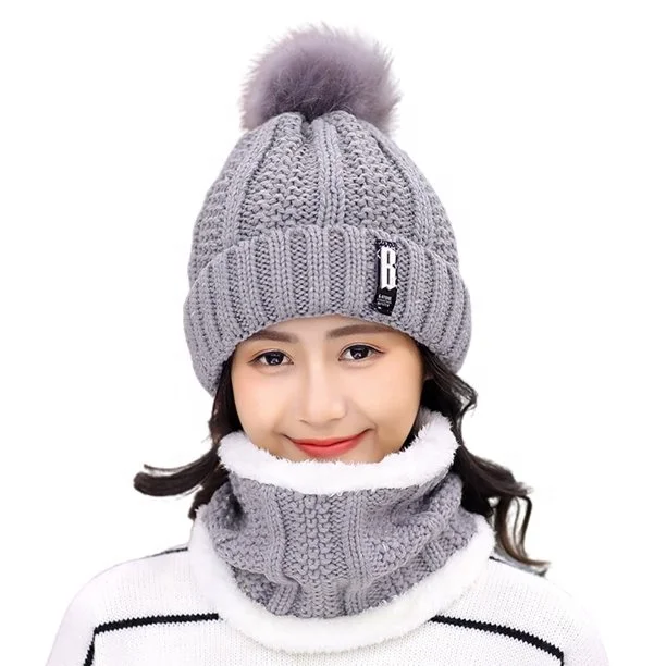 Cheapest Good Quality Comfortable Unisex Winter Hat And Scarf Set Men women Knit Beanie Hat With Inner fur