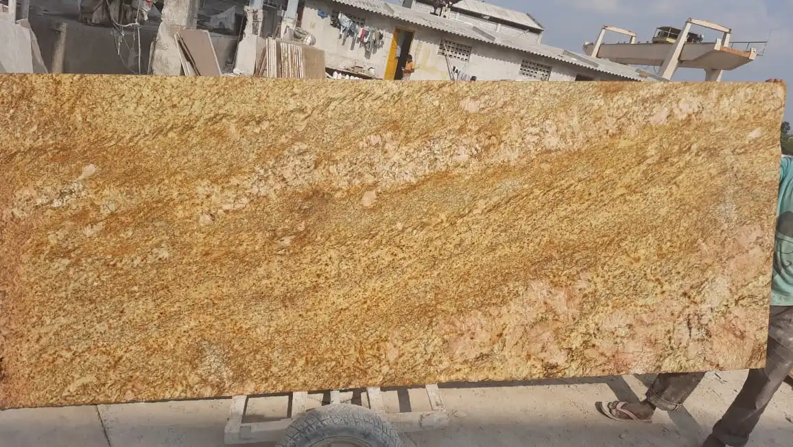 
Imperial Gold Granite cutter slab tile premium material Brushed Flamed Leather Antique Finish 