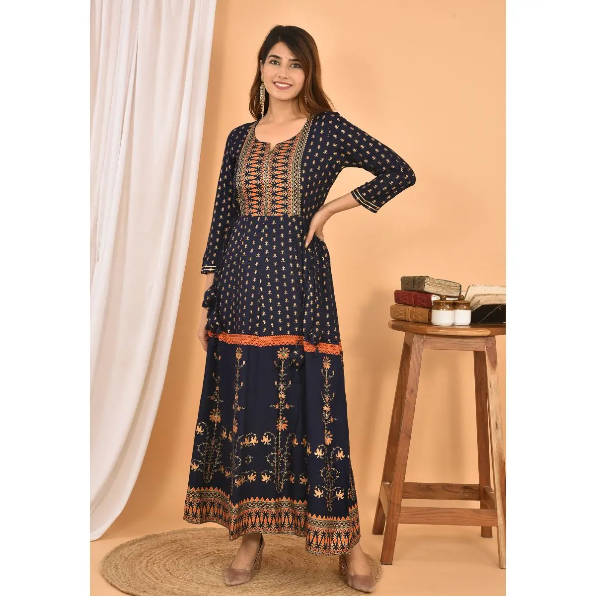Blue Orange Gold Printed Cotton Ethnic Gown