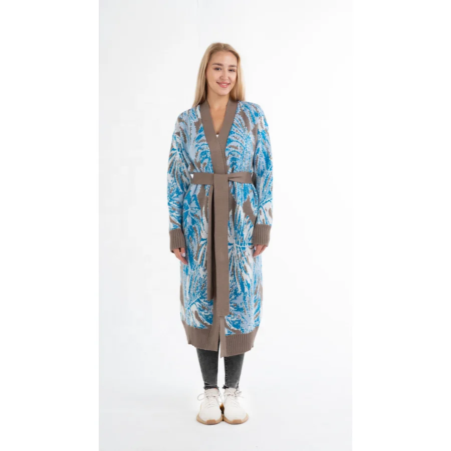 Женский Теплый длинный вязаный кардиган «Monsterra» с коричневыми рукавами