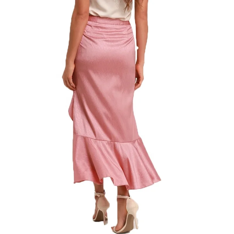 High waist ruffle satin midi skirt for women