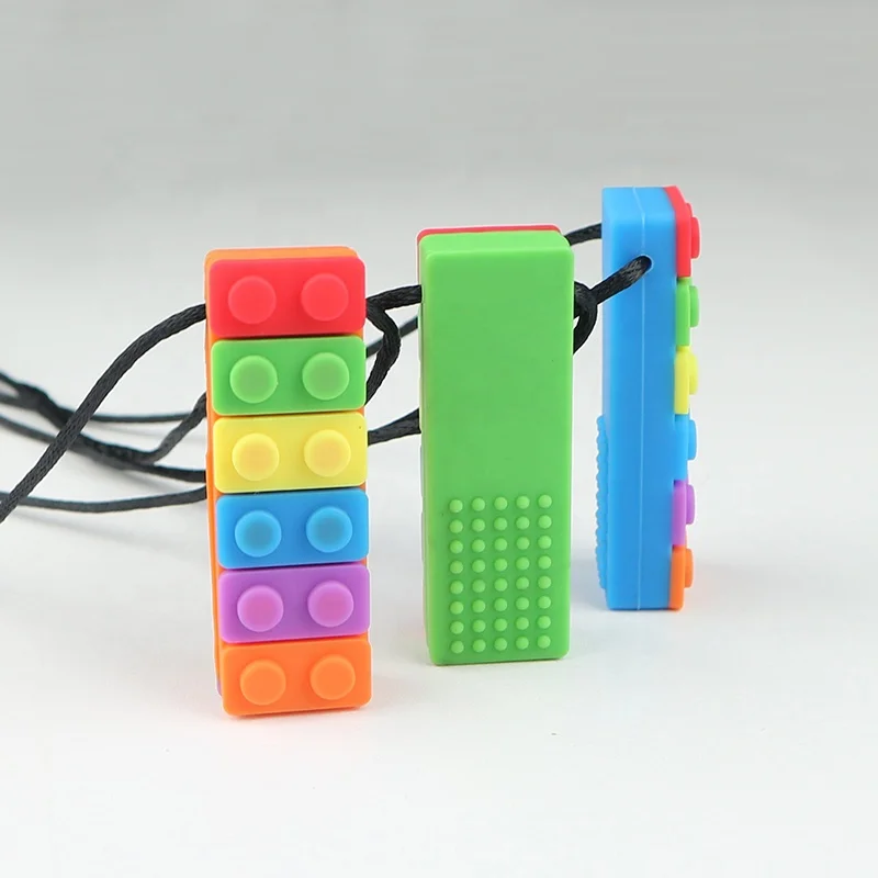 Factory Wholesale Price Custom CPC Certified Silicone Autism Building Block Teether Sensory Chew Toys Autism Chew Necklace