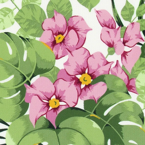 A tropical resort-style curtain fabric made in Japan with a tropical botanical design.