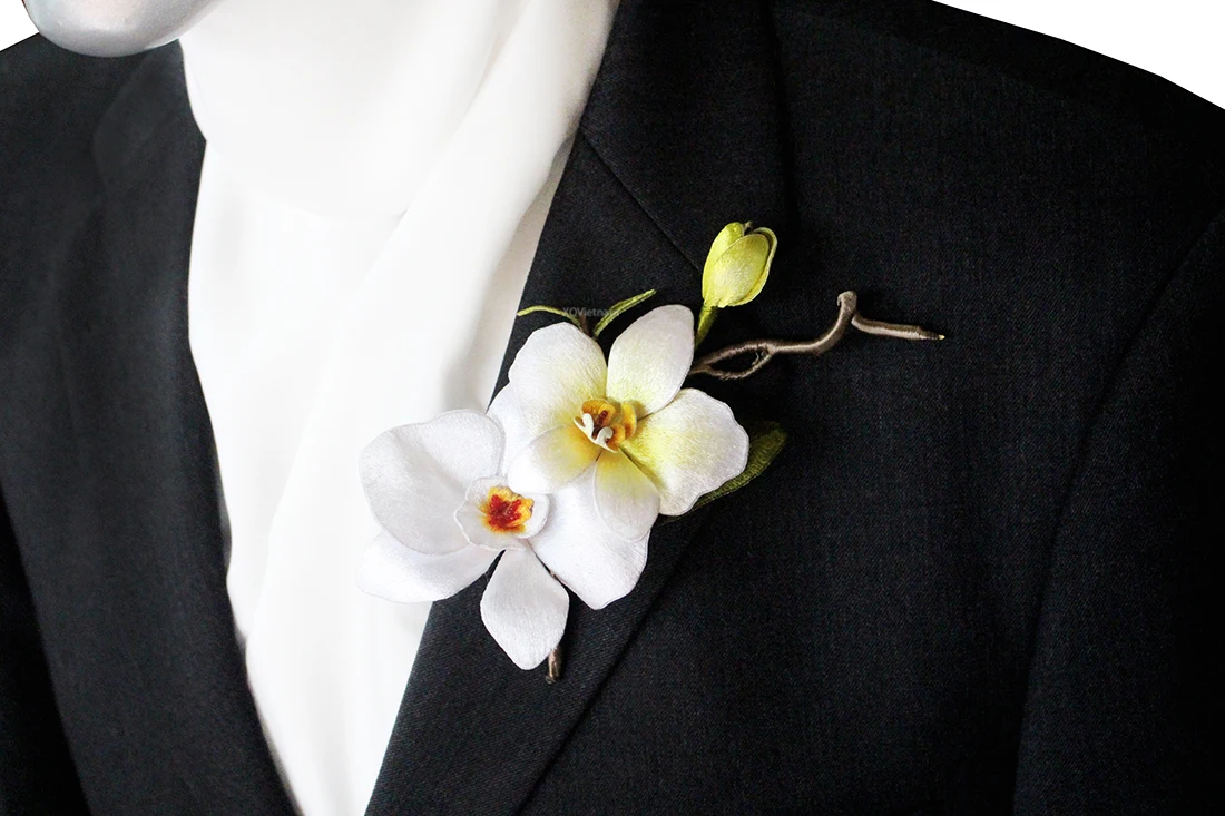 High Quality Fashion Accessories Thread Hand Embroidery White Orchid Brooch from XQ VIETNAM
