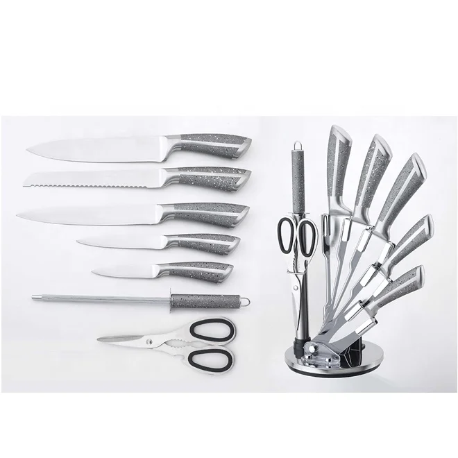 
Yangjiang Factory hollow handle stainless steel marble coating Acrylic stand shears & sharpener royalty line knife set 