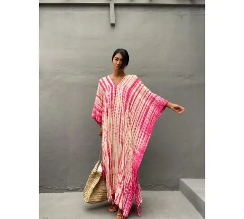 2022 Summer Spring Tie Dye Kaftan V-Neck Pink Color Long Sleeve Summer Kaftan Beach cover Up Kaftan Maxi Dress