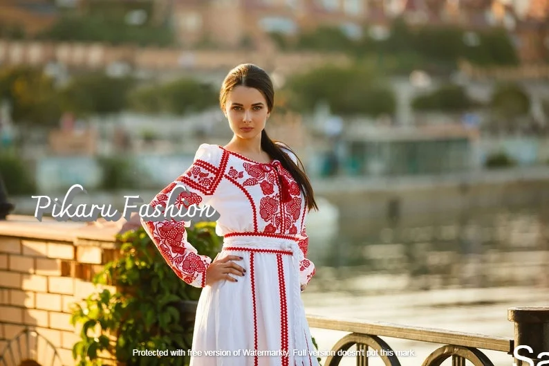 Puff sleeve flower embroidery work o-neck designer embroidered fashion lady ukrainian dress