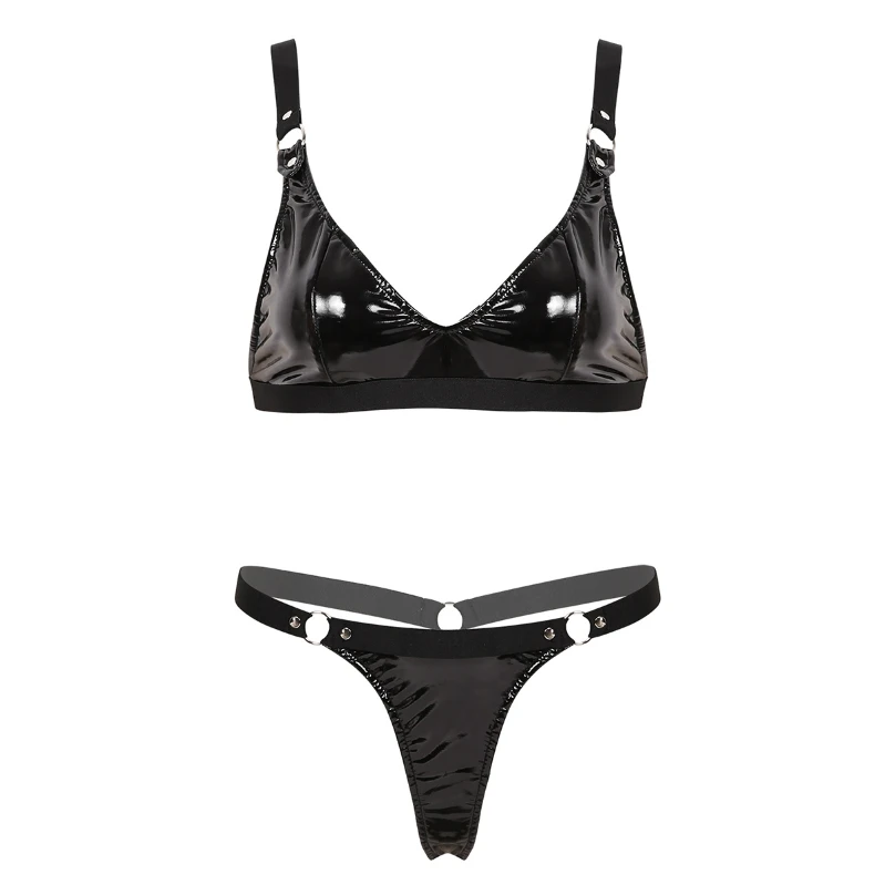 Premium Leather Cheap Ladies Underwear Sexy Bra And Panty New Design Women Patent Leather Elastic Lingerie Set