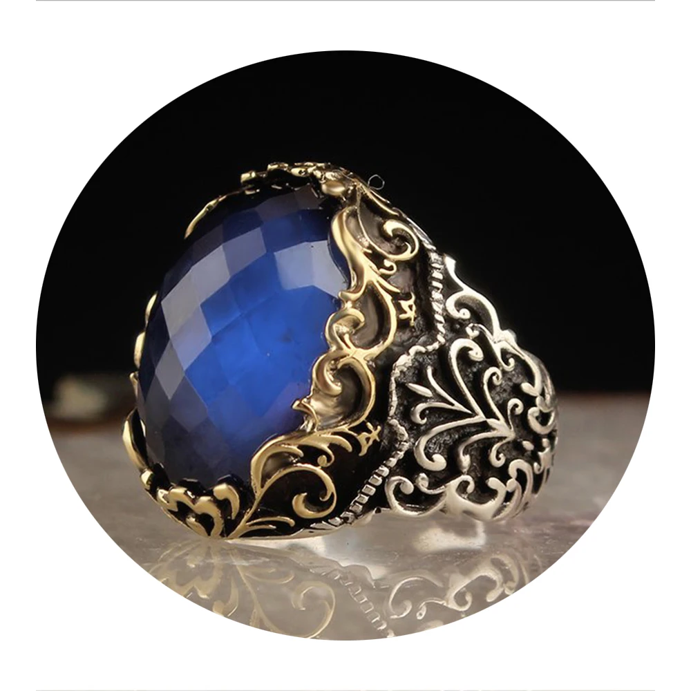 Blue Zircon Stone Trendy Turkish Style 925 Sterling Silver Jewelry For Men Rings