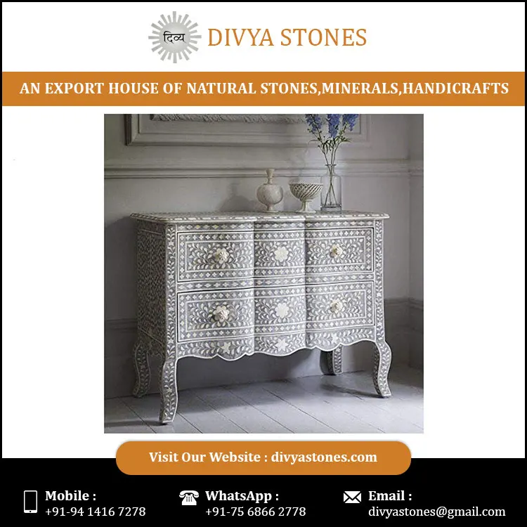 
Indian Handmade Modern Mother of Pearl Inlay Chest of Drawers for Living Room Table Furniture 