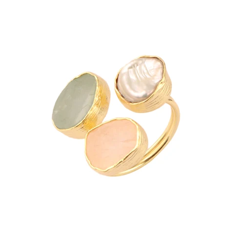 Genuine raw rose quartz & aquamarine march birthstone ring brass gold/silver plated texture finish ring adjustable ring
