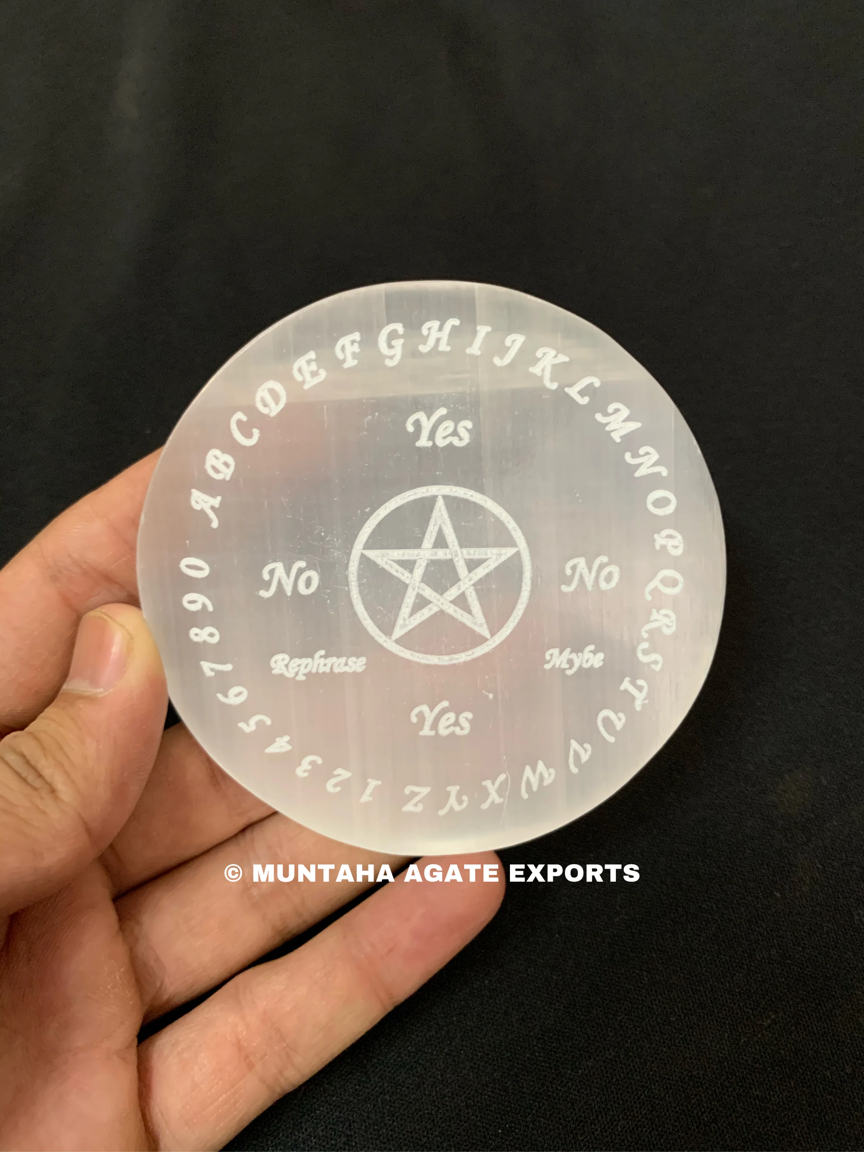 Beautiful Flower Life Engraved Selenite Charging Plate White Crystal Material round Circle Shape with Muntaha Agate Circle Shape